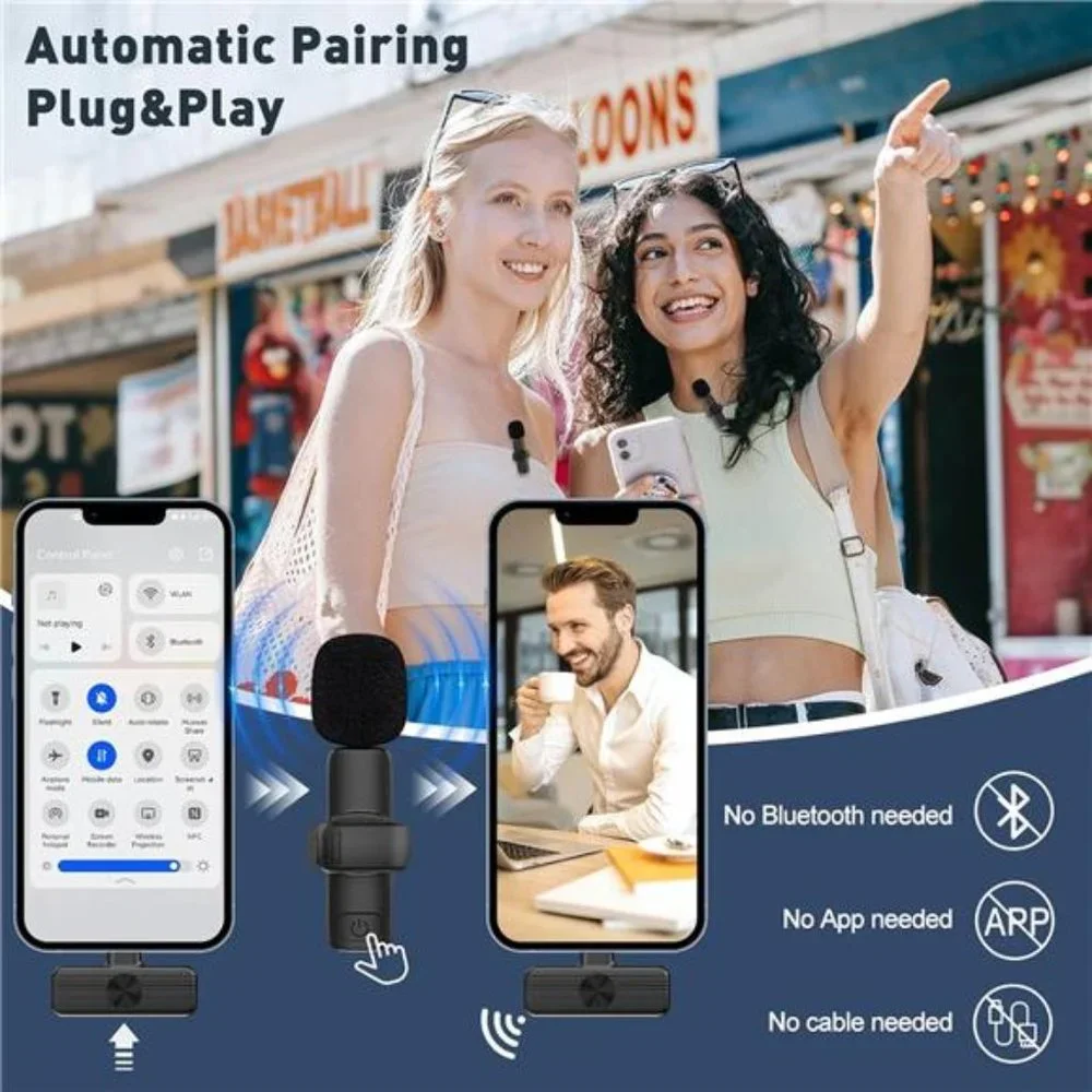 2Pcs Wireless Lavalier Microphone, Plug-Play Lapel Clip-On Mini Mic